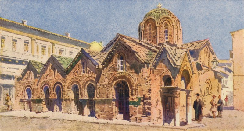 Panagia Kapnikari-kirken, Athen (sort litho) af Angelos Giallinos