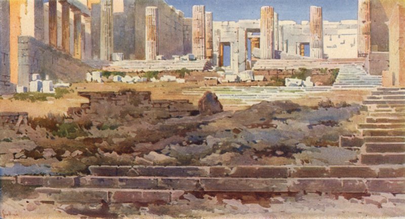 Propylaea på Akropolis, Athen (farve litho) af Angelos Giallinos