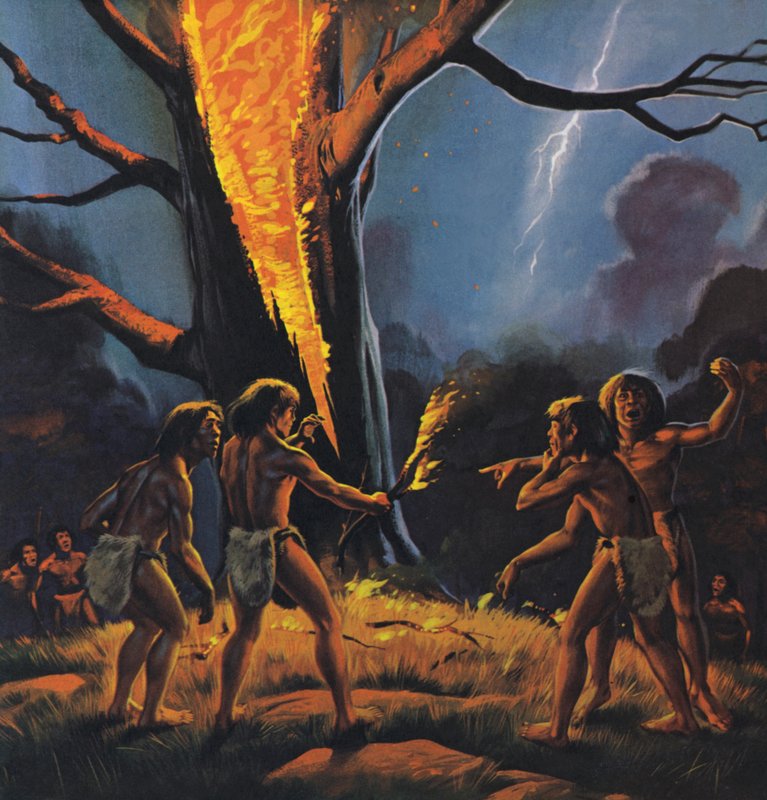 Det forhistoriske menneske og ilden (farvelitografi) af Angus McBride