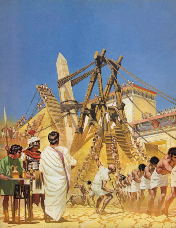 Rejsning af Cleopatras-nålen i Egypten (farvelitografi) af Angus McBride