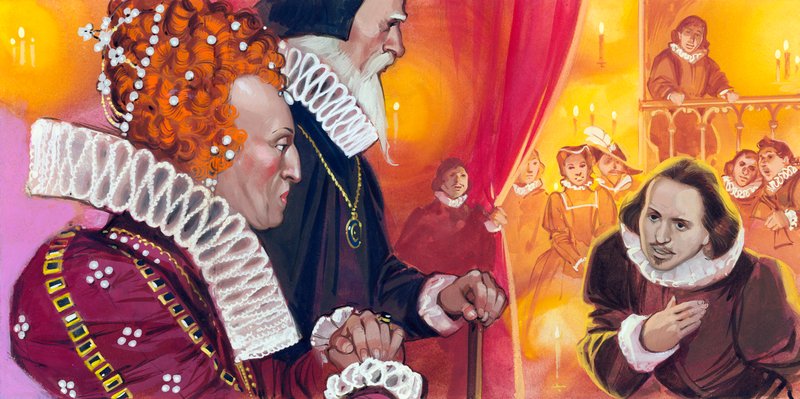 Shakespeare bliver præsenteret for dronning Elizabeth I af Angus McBride