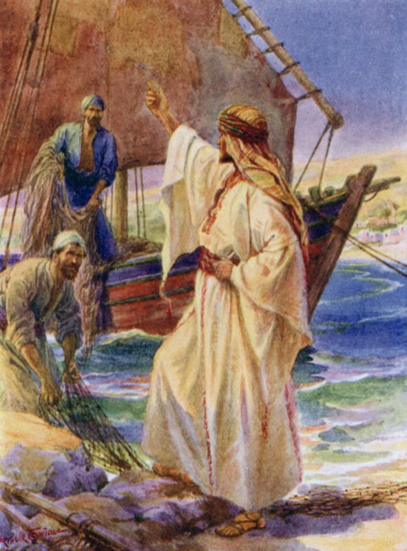 Jesus kalder Peter og Andreas (farve litho) af Arthur Twidle
