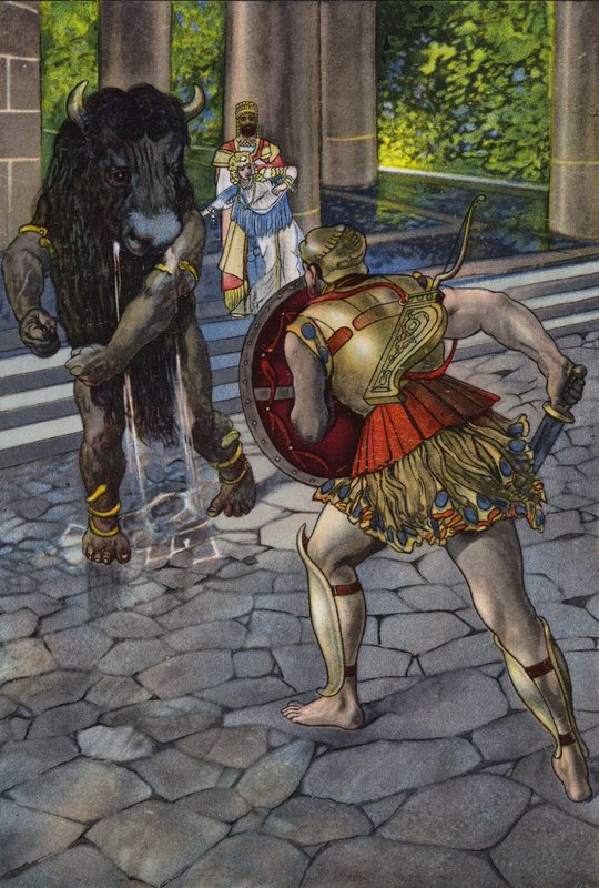 Herakles konfronterer Minotaurus (farve litho) af Artus Scheiner