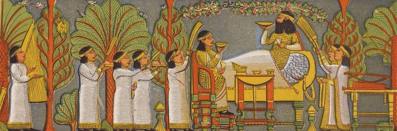 Assyrisk banket-scene (farvelitografi) af Assyrian