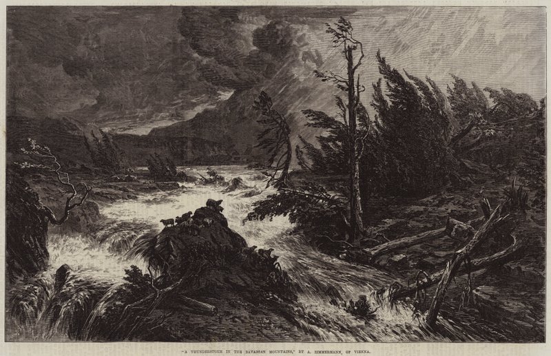 En tordenvejr i de bayerske bjerge gravering af Albert August Zimmermann