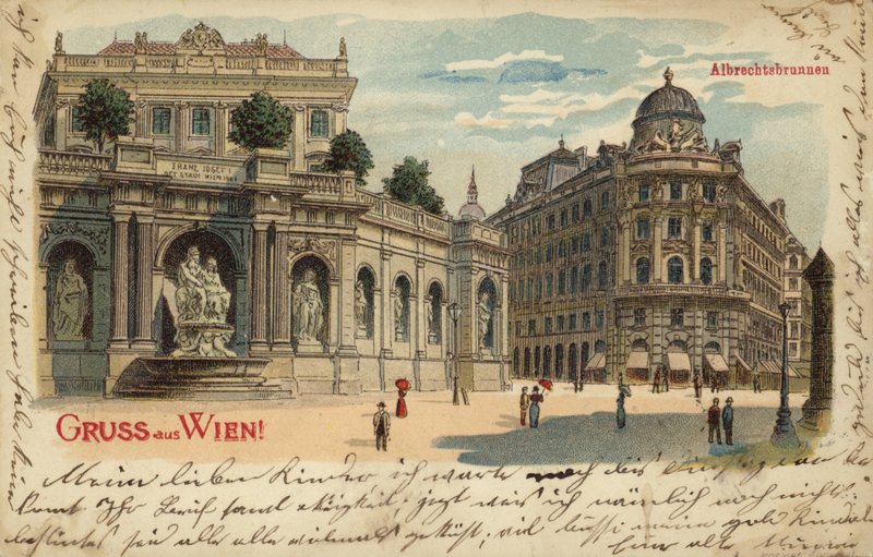 Postkort forestillende Albrechtsbrunnen i Wien af Austrian School