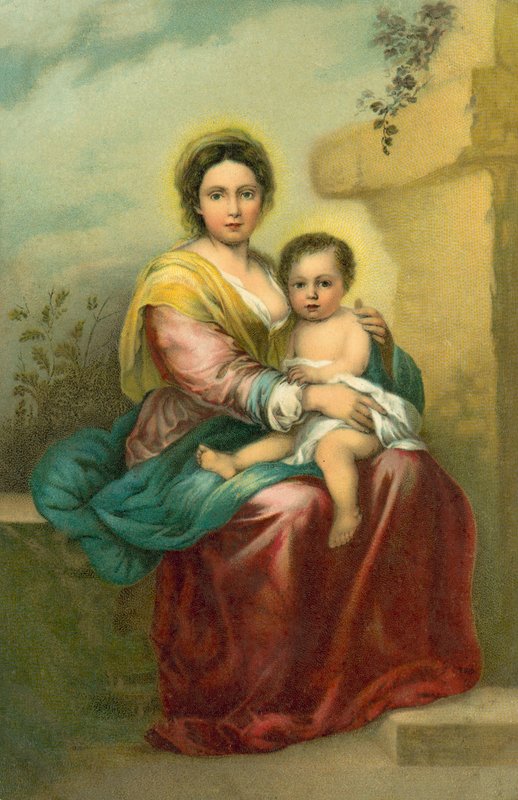 Jomfruen og barnet (chromolitho) af Bartolome Esteban (after) Murillo