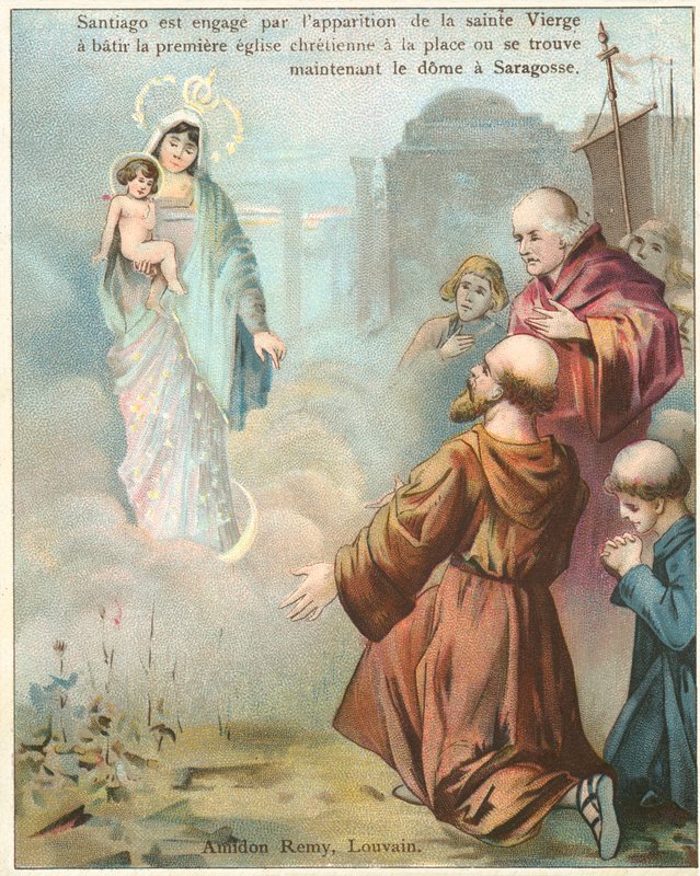Sankt Jakob den Store ser et syn af Jomfru Maria i Saragossa (chromolitho) af Belgian School