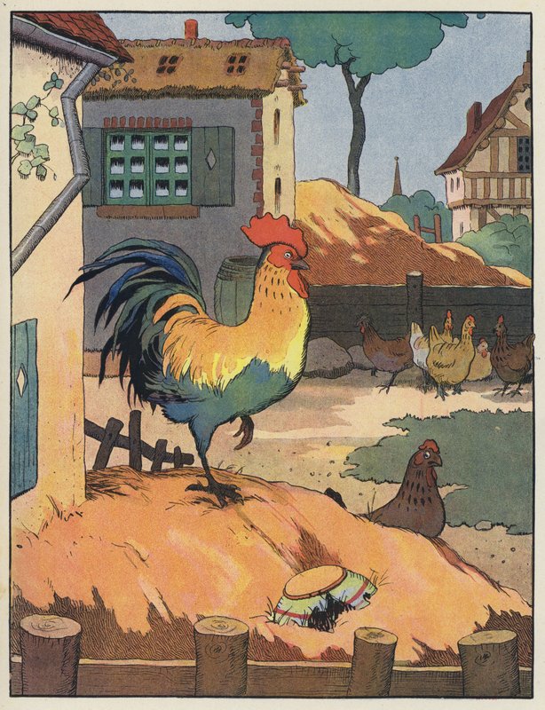 Hane og høns i en gård af Benjamin Rabier