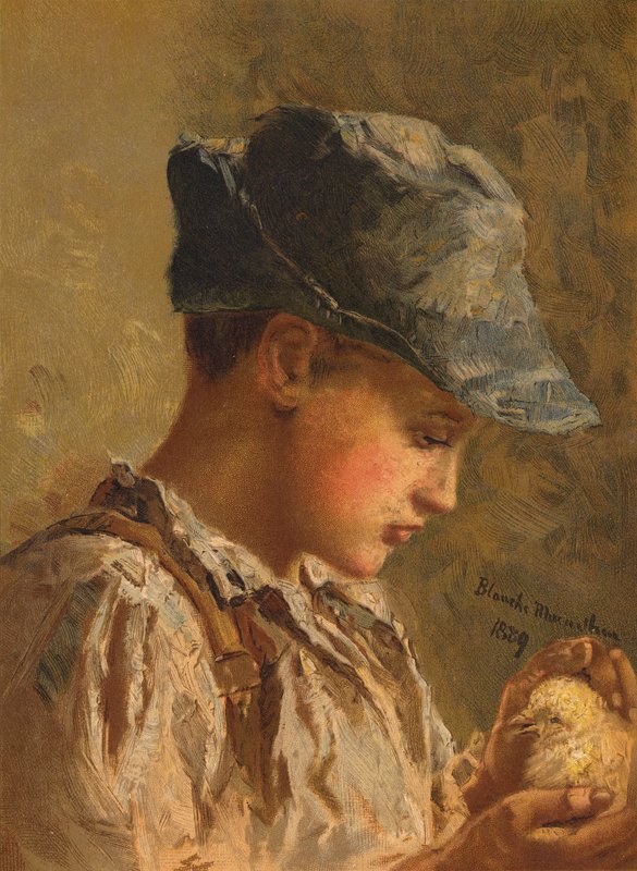Dreng med en fugl (chromolitho) af Blanche F. MacArthur