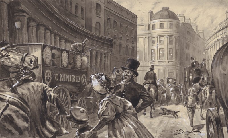 Hestedrevet omnibus, London (gouache på papir) af C.L. Doughty