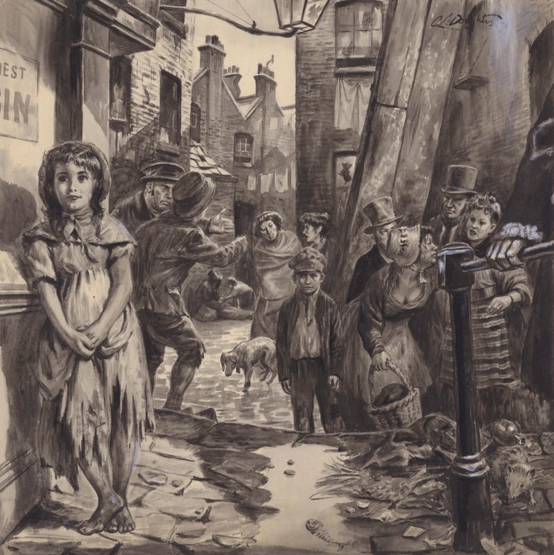 Victoriansk slumscene (gouache på papir) af C.L. Doughty