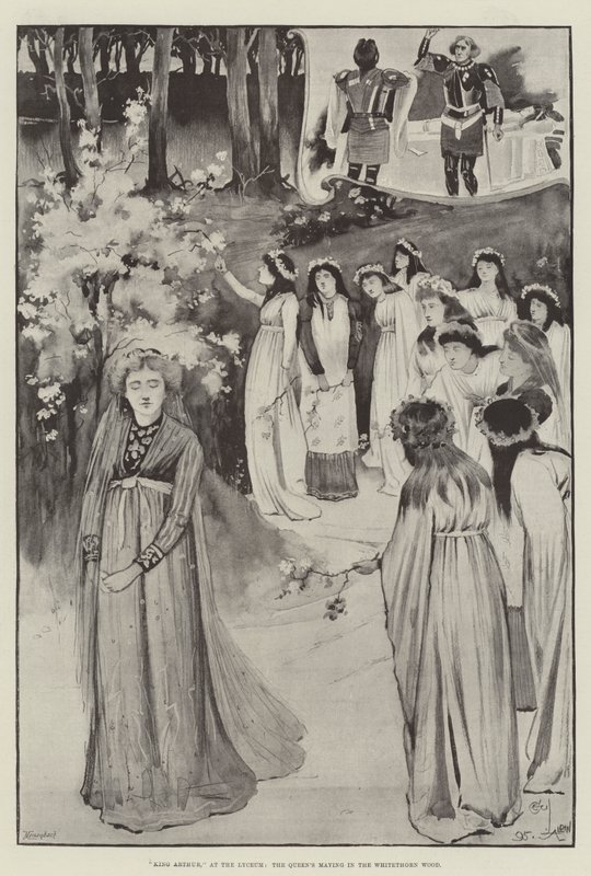 Kong Arthur, på Lyceum, Dronningens Maying i Whitethorn Wood af Cecil Charles Windsor Aldin
