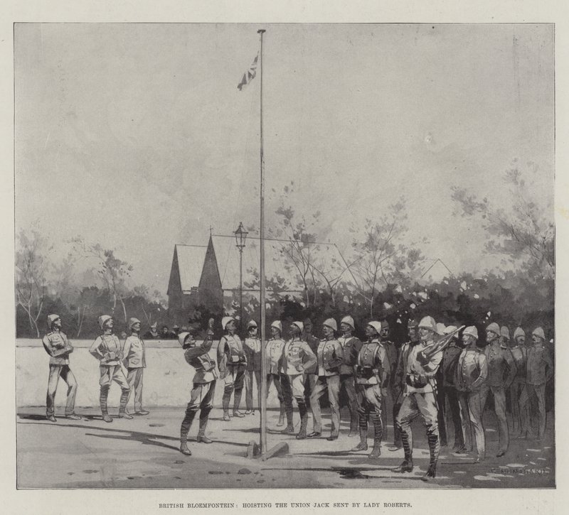 Britiske Bloemfontein, der hejser Union Jack sendt af Lady Roberts af Charles Auguste Loye