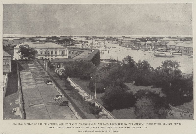 Manila, hovedstaden i Filippinerne og Spaniens besiddelser i øst, bombarderet af den amerikanske flåde under admiral Dewey, udsigt mod udmundingen af floden Pasig, fra murene i det gamle Ci af Charles Auguste Loye