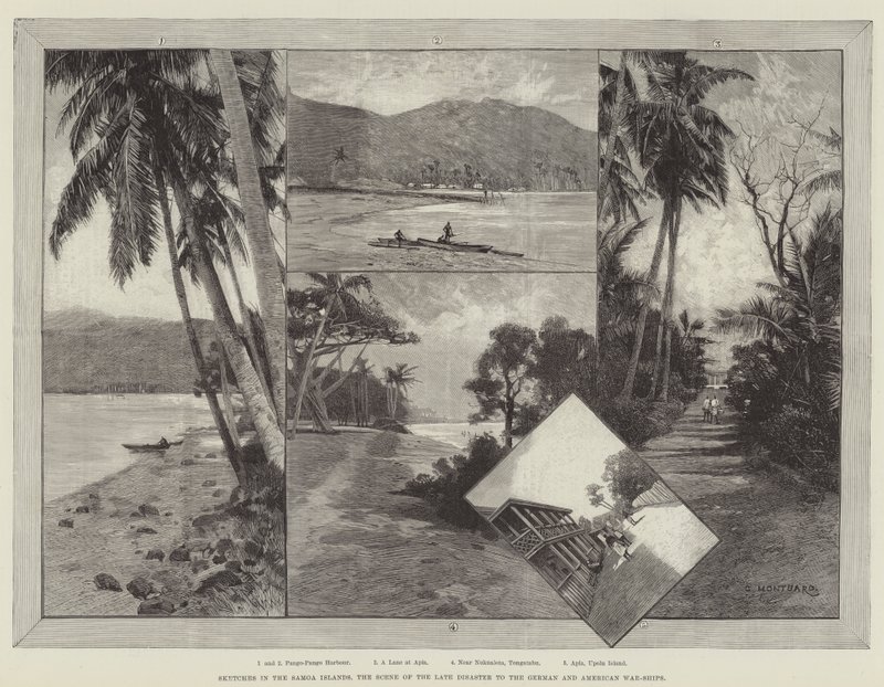 Skitser på Samoa-øerne, scenen for den sene katastrofe for de tyske og amerikanske krigsskibe af Charles Auguste Loye