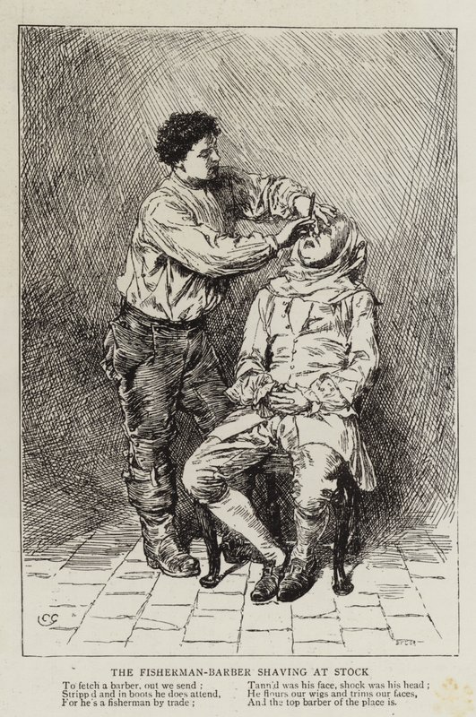 Fisherman-Barber barbering på Stock af Charles Green