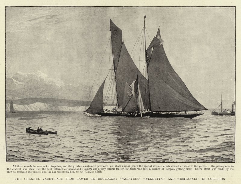 Channel Yacht-kapsejladsen fra Dover til Boulogne, Valkyrie, Vendetta og Britannia i kollision af Charles J. Staniland
