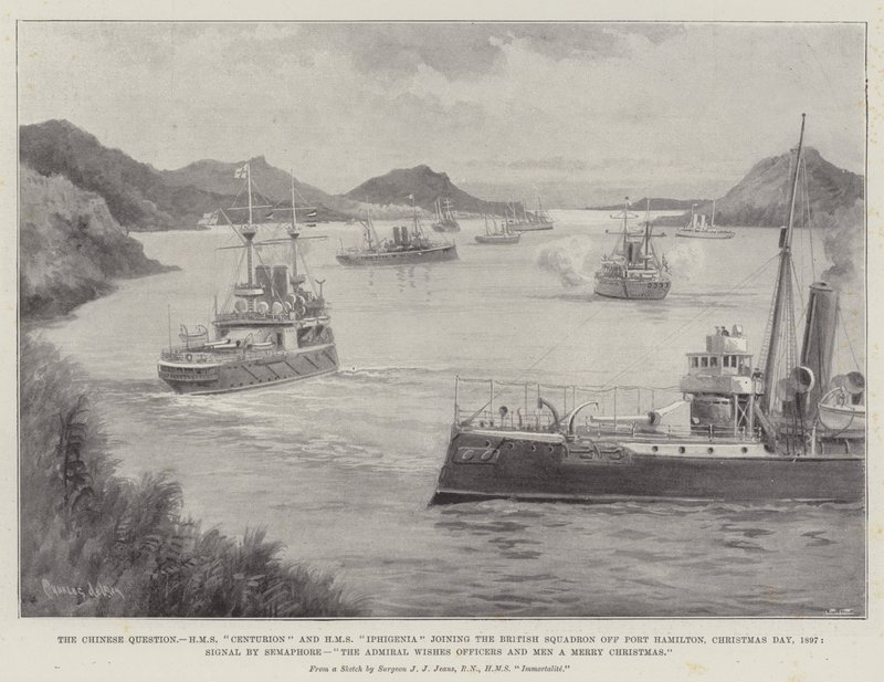 The Chinese Question, HMS Centurion og HMS Iphigenia slutter sig til den britiske eskadron ud for Port Hamilton, juledag, 1897, Signal af Semafor, Admiralen ønsker officerer og mænd en glædelig jul af Charles John de Lacy