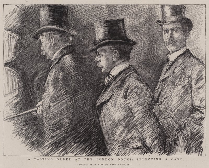 En smagsprøve på London Docks, udvælgelse af et fad af Charles Paul Renouard