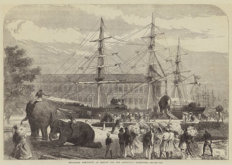 Går om bord på elefanter i Bombay til den abessiniske ekspedition af Sir John Charles Robinson