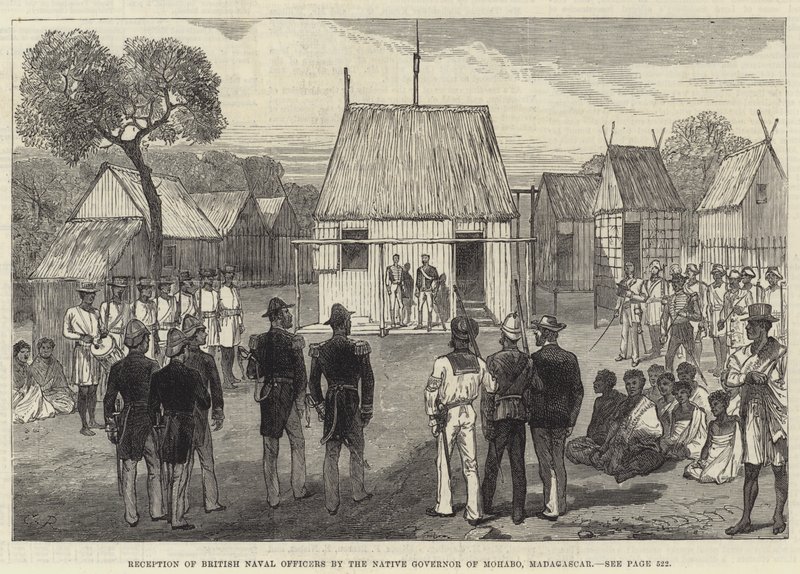 Modtagelse af britiske flådeofficerer af den indfødte guvernør i Mohabo, Madagaskar af Sir John Charles Robinson