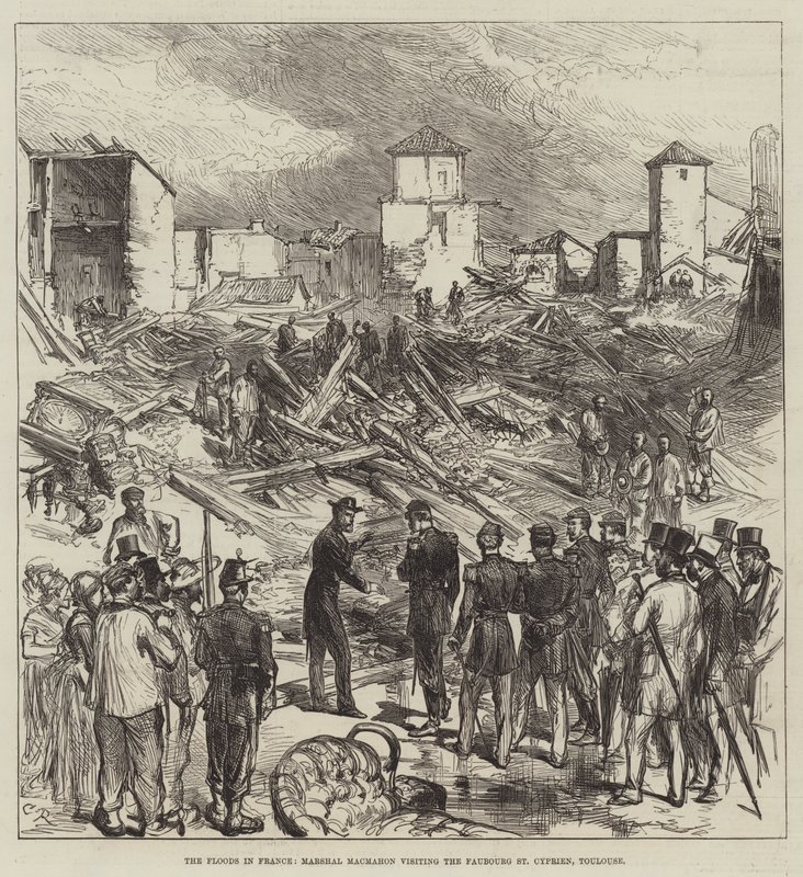 Oversvømmelserne i Frankrig, Marshal Macmahon besøger Faubourg St Cyprien, Toulouse af Sir John Charles Robinson