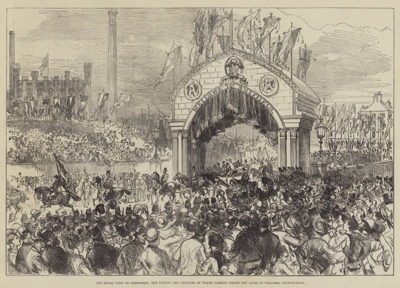Det kongelige besøg i Sheffield, Prince og Princess of Wales passerer under Arch of Welcome, Station-Road af Sir John Charles Robinson