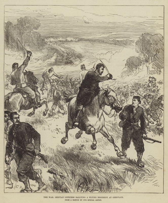 Krigen, serviske officerer, der samler et flyvende regiment ved Greovatz af Sir John Charles Robinson