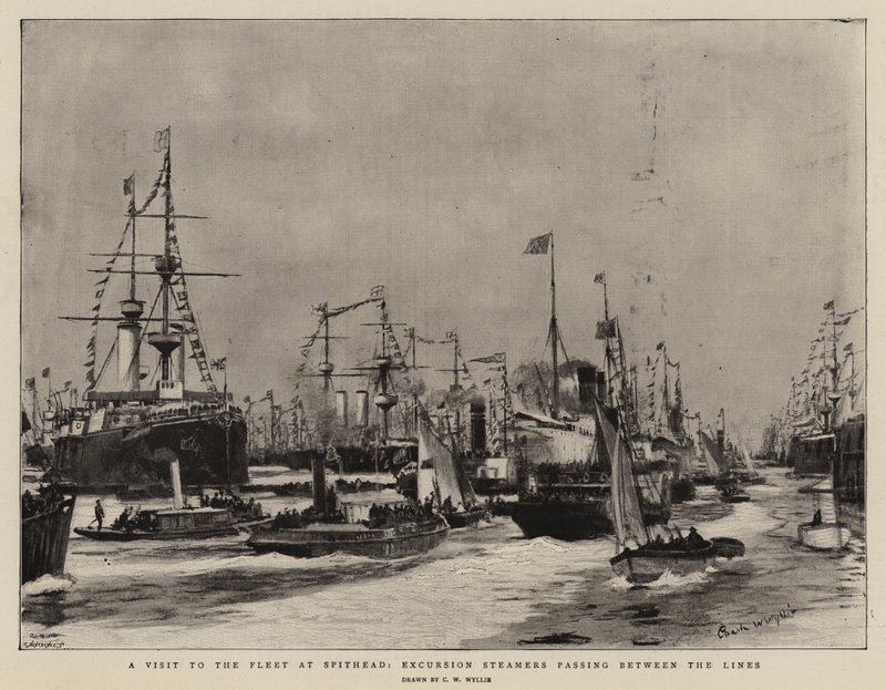 Et besøg til flåden i Spithead, udflugtsdamperne passerer mellem linjerne af Charles William Wyllie