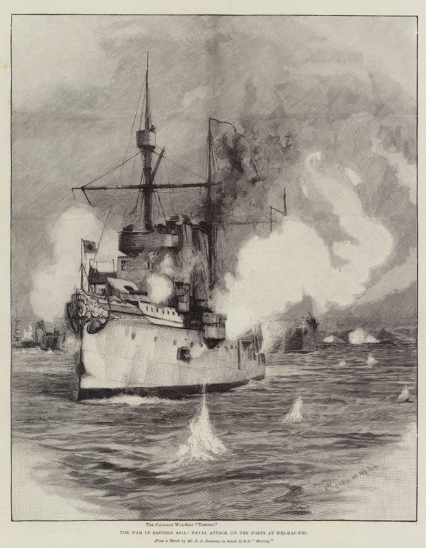 Krigen i Østasien, flådeangreb på forterne ved Wei-Hai-Wei af Charles William Wyllie