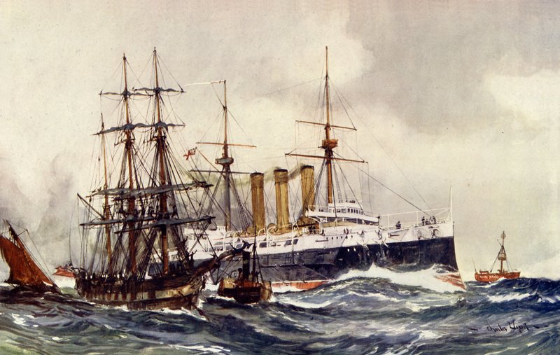 HMS Kent passerer South Sand Lightship af Charles Edward Dixon