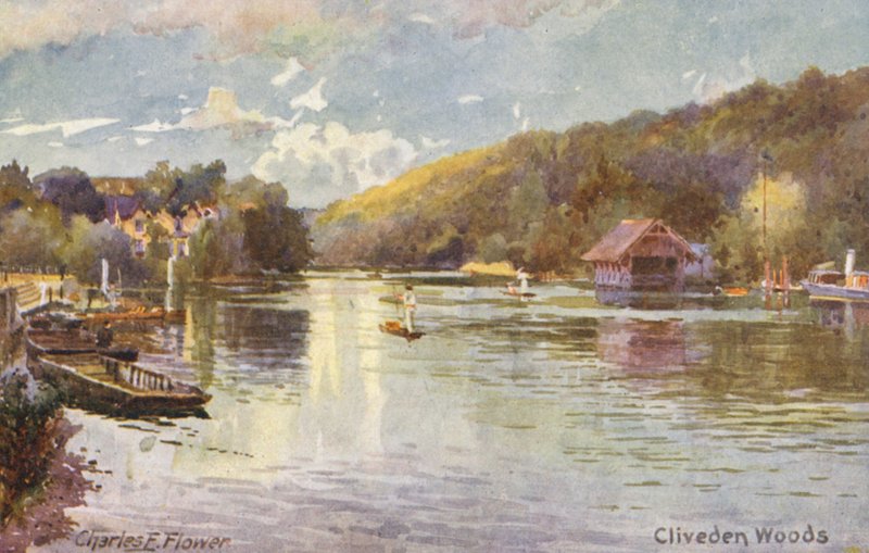 Themsen: Cliveden Woods (farvelitografi) af Charles Edwin Flower