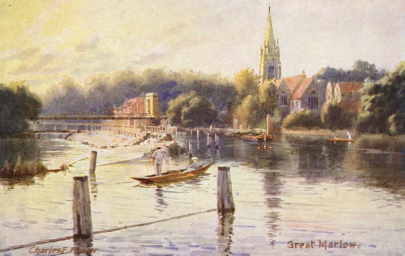 Themsen: Great Marlow (farvelitografi) af Charles Edwin Flower