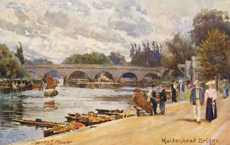 Themsen: Maidenhead Bridge (farvelitografi) af Charles Edwin Flower