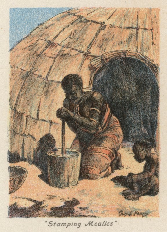 Sydafrika: "Stamping Mealies" (farvelitografi) af Charles Ernest Peers