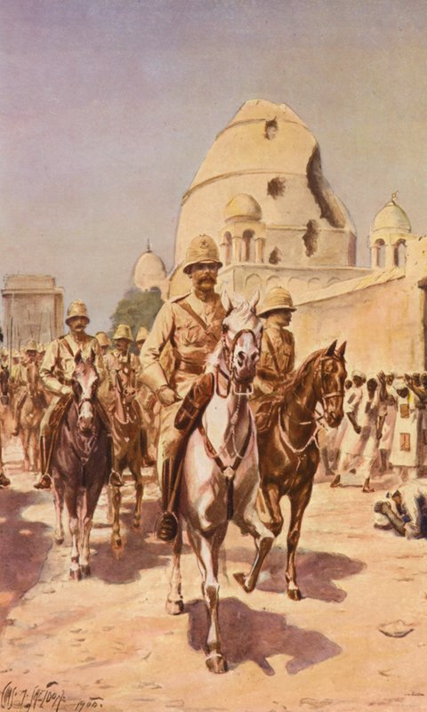 Kitchener ved Omdurman (farvelitografi) af Charles Mills (after) Sheldon
