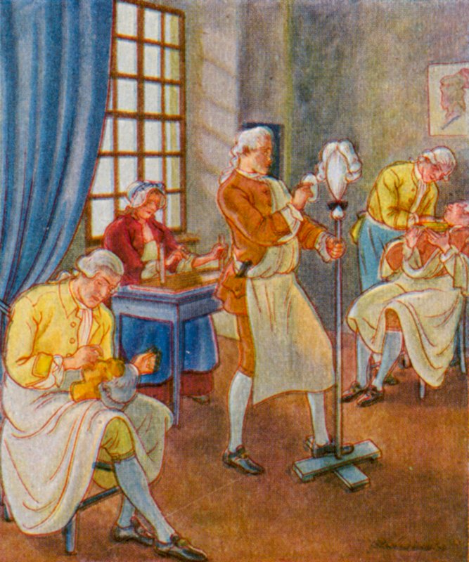 Peruckenmacher / parykmager (farvelitografi) af Christophe (1856 1945)