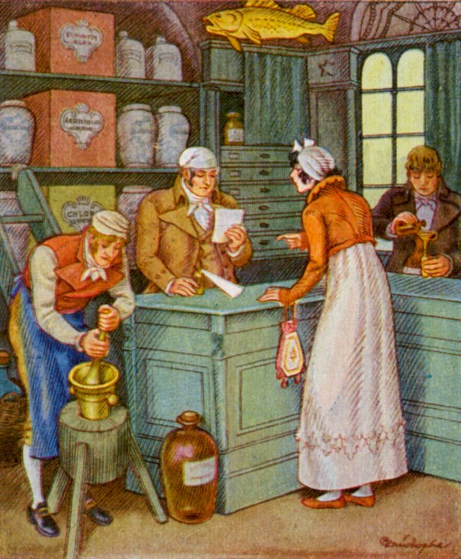 Apotheke / Apotek (farvelitografi) af Christophe (1856 1945)