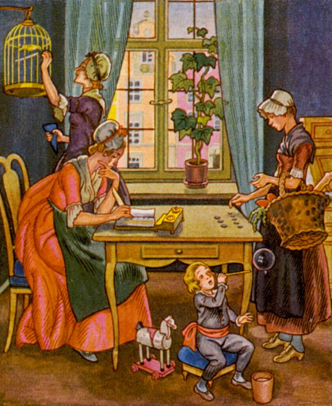 Haushaltsabrechnung / Husholdningsregnskab (farvelitografi) af Christophe (1856 1945)