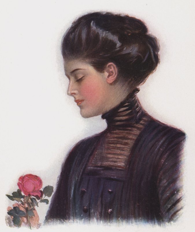 Pige med en rose (farve litho) af Clarence F. Underwood