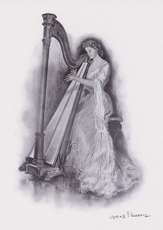 Kvinde spiller på en harpe (farve litho) af Clarence F. Underwood