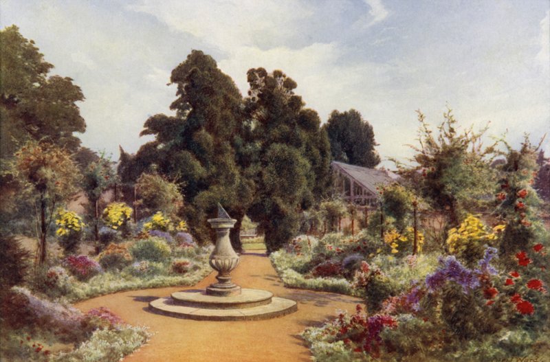 Det gamle solur, Claremont (farve litho) af Cyril Ward