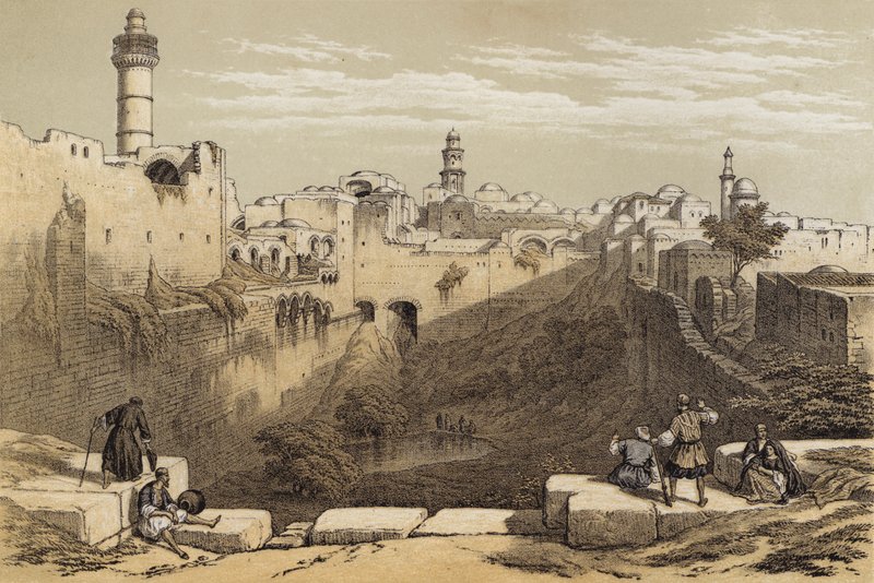The Pool of Bethesda (farve litho) af David (after) Roberts