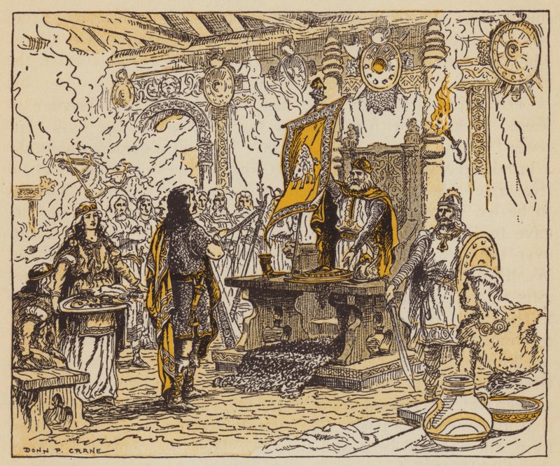 Kongen belønner Beowulf (farve litho) af Donn P. Crane