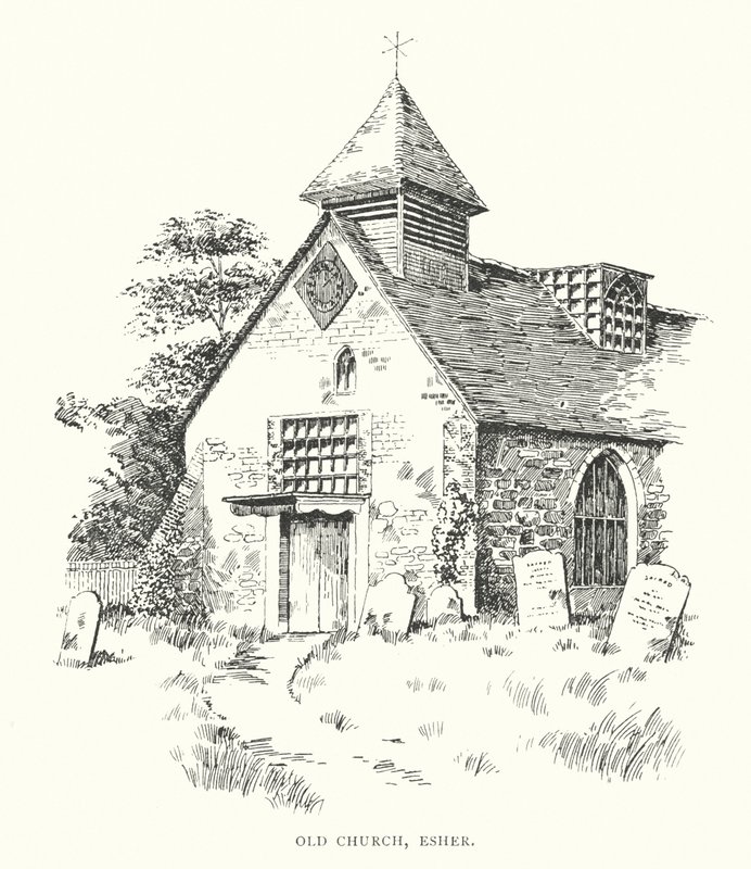 Den gamle kirke, Esher (litografi) af Duncan Moul