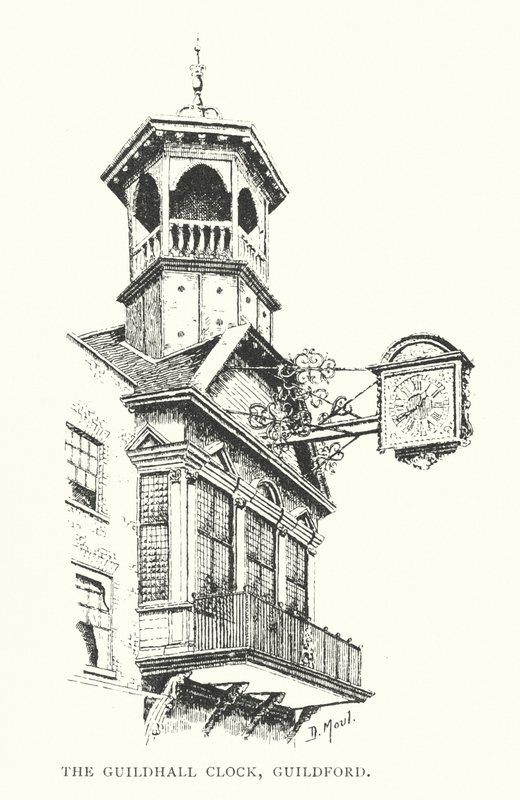 Guildhall-uret, Guildford (litografi) af Duncan Moul