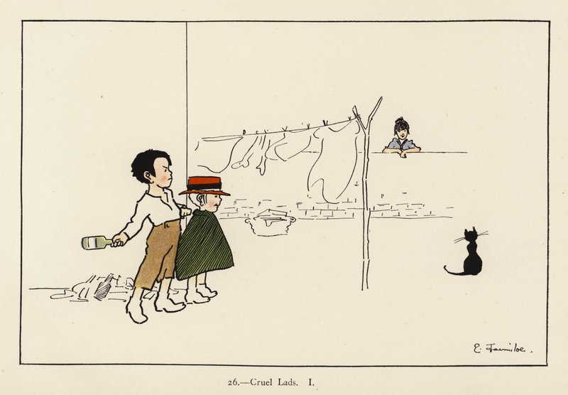 Cruel Lads I (farve litho) af Edith Farmiloe