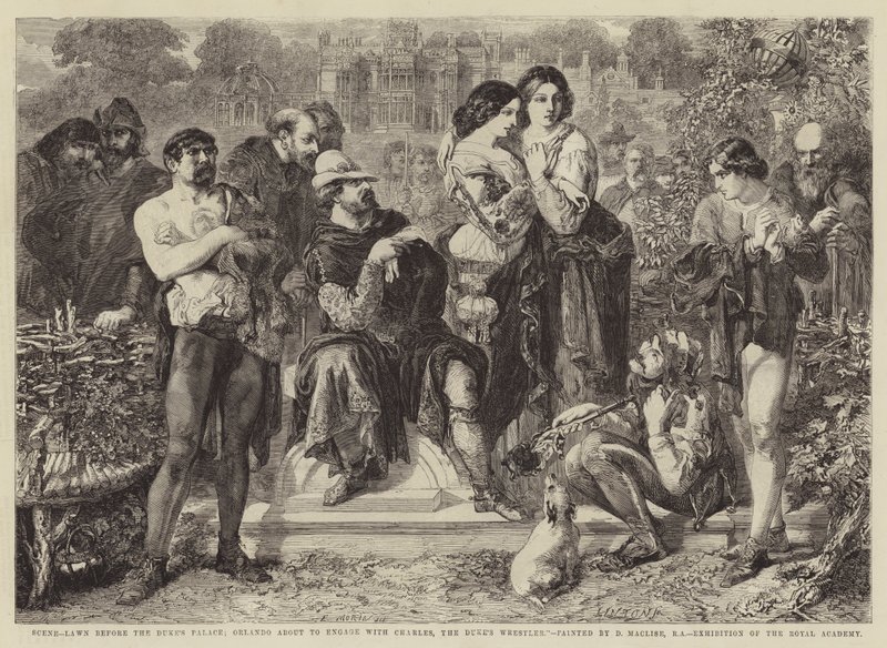 Scene, græsplæne før hertugens palads; Orlando er ved at engagere sig med Charles, Hertugens Wrestler af Edmond Morin