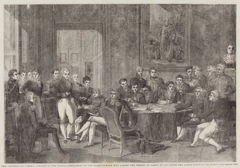 Wienerkongressen, mødet af de otte magters befuldmægtigede, der underskrev Paris-traktaten, i 1815 af Edmond Morin